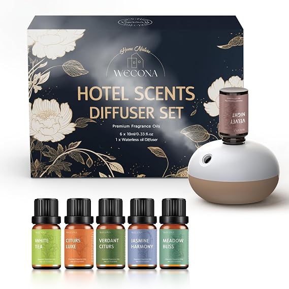 Waterless Rechargeable Waterless Diffuser Hotel Collection Diffuser Set with 6 Hotel Essential Oils Two Intensity Modes Home & Office Fragrance Machine