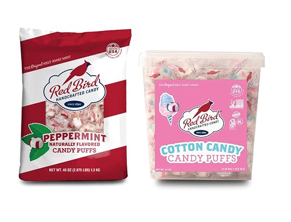 Red Bird Peppermint 46 oz & Cotton Candy 52 oz Tubs Candy Puffs Bundle, Individually Wrapped Candy Breath Mints, Kosher, Gluten-Free Candy For Parties, Events, Gifting, Office, Church, and Restaurants