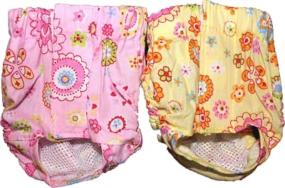 Set - 2 Colors 100% Cotton for Small Pets Dogs Cats Female Diaper Sanitary Pant Hook and Loop with Sunflower Design S: Waist 8 - 12