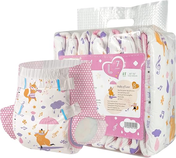 Adult Printed Diapers,Large-Fox and Bear, 7 Pieces for Men and Women - Leak Protection Heavy Absorbency Protection Diapers