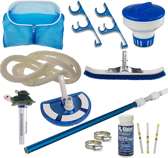 Supreme Maintenance Kit for Swimming Pools | Including 18' Hose, Thermometer, Brush, Floating Chlorinator, Vacuum Pole with Handle, Skimmer, Test Strips and Vacuum Head...