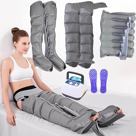 Lymphatic Drainage Leg Massager, Electric Leg Air Compression Massager for Circulation Arm Leg Waist Wraps Foot Ankles Calf Massage Machine Pain Relax, Timing Function (6 Cavity, 2legs+2arms+Waist)