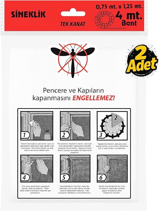 Tek Kanat Pratik Sineklik, 0.75 m x 1.25 m Tül, Kapı & Pencere Uyumlu, 4 m Yapıştırma Bantlı (2 Adet)