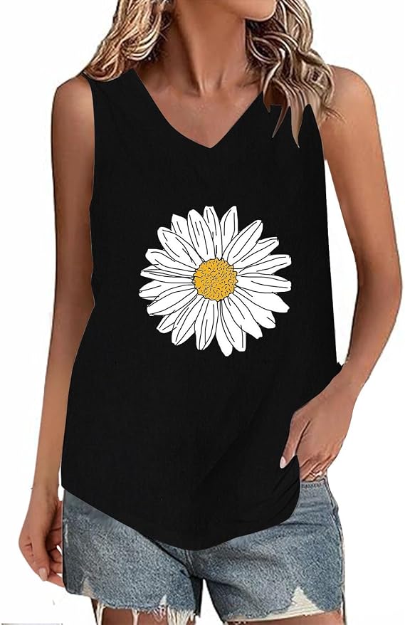 Women V-Neck Cotton Linen Tank Tops Casual Dandelion Print Cami Sleeveless Blouses Summer Basic Tank Shirt S-L