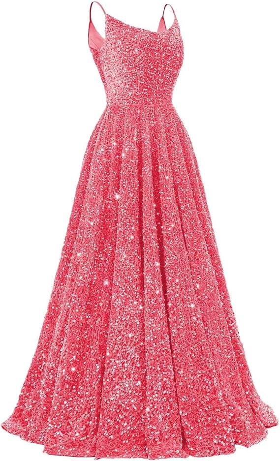 Spaghetti Straps Prom Dresses 2025 Sequin Long Ball Gowns A Line Evening Party Gown with Pocket