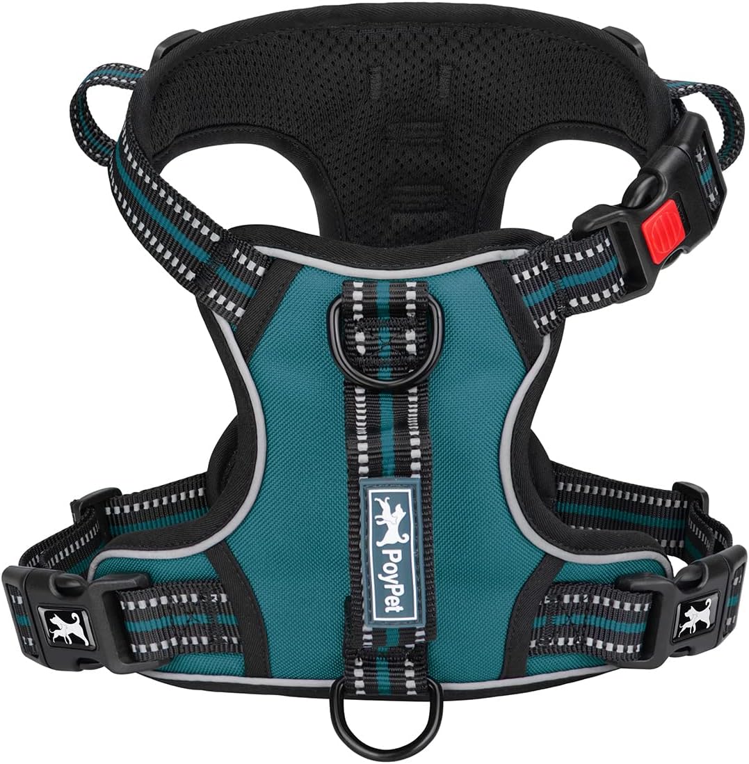 PoyPet No Pull Dog Harness, No Choke Front Clip Reflective Dog Vest with Soft Padded Vertical Handle, 3 Leash Attachments for Small Medium Large Dogs (Red,S)