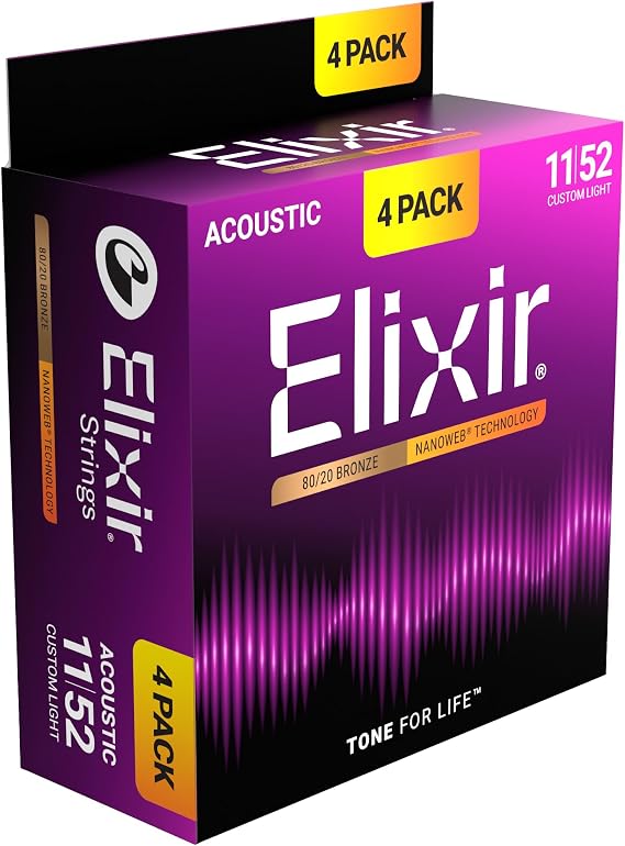 Elixir® Strings 80/20 Bronze Acoustic Guitar Strings with NANOWEB® Technology, Custom Light (.011-.052) - 4 Pack