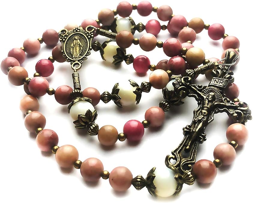 Pink Rhodonite and Mother of Pearl Stone Rosary with Miraculous Medal