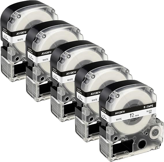 5-Pack Replacement for Epson LK-4WBN (SS12KW) Label Tape Cartridges