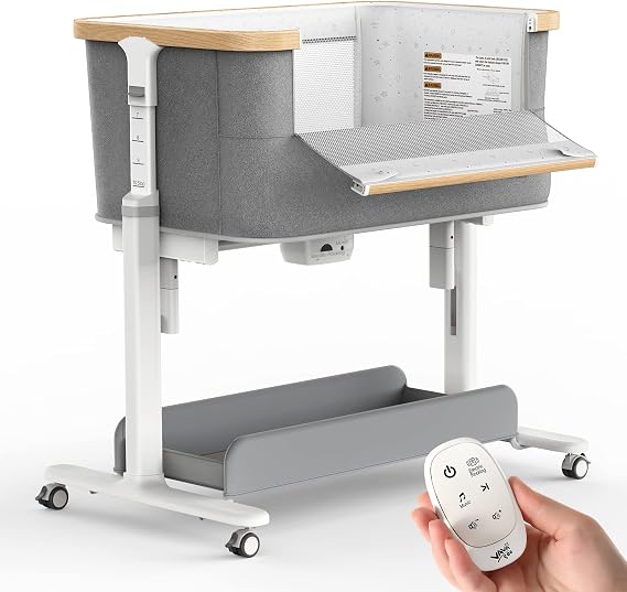 VaVaSoo Electric Rocking Bassinet for Newborns, 3 Speeds, Grey | Breathable mesh sides, 3 rocking speeds, built-in white voice, 5 height settings, wheels, and storage basket.