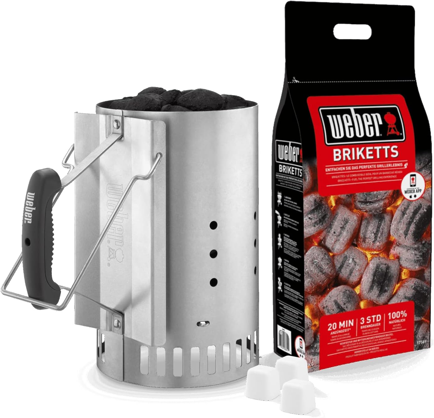 Weber Rapidfire Chimney Starter Set for Charcoal Barbecues / 3-Piece BBQ Accessory Set, Includes Rapidfire Chimney Starter, 2 kg Charcoal Briquettes & 2 Lighter Cubes