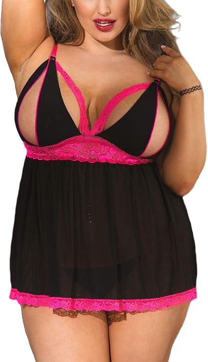 Women's Plus Size Lingerie Red Babydoll Lace Split Cup Sleepwear Chemise Set