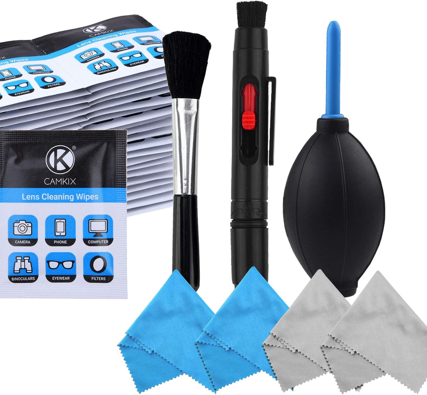 Camera Lens Cleaning Kit - Air Blower, Cleaning Brush, 2 in 1 Lens Cleaning Pen, 50 Individually Wrapped Wet Tissues and 4 Microfiber Cloths - Keep Your DSLR, Compact or Action Camera Lens Spotless
