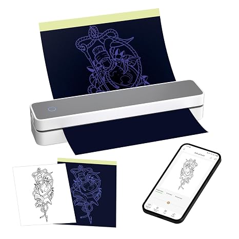 Tattoo Transfer Machine Tattoo Stencil Printer Portable Thermal Printer Machine with 10pcs Transfer Paper 10pcs Thermal Paper Tattoo Printer Kit for Tattoo Artists Beginners