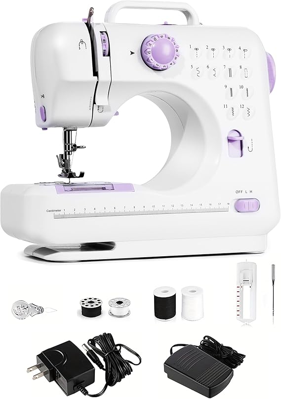 Portable Sewing Machine for Beginners,Maquina de Coser,Purple | 12 Stitches,2 Speeds, Foot Pedal, Dual Power, Mini Electric