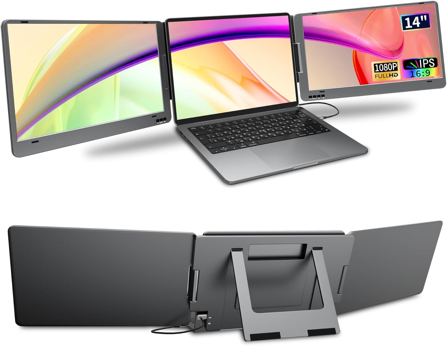 Laptop Screen Extender, 14" 1080P FHD IPS Dual Portable Monitor for Laptop, Compatible with 11.6" -15.6" Laptops, One USB-C Cable Plug and Play Windows only