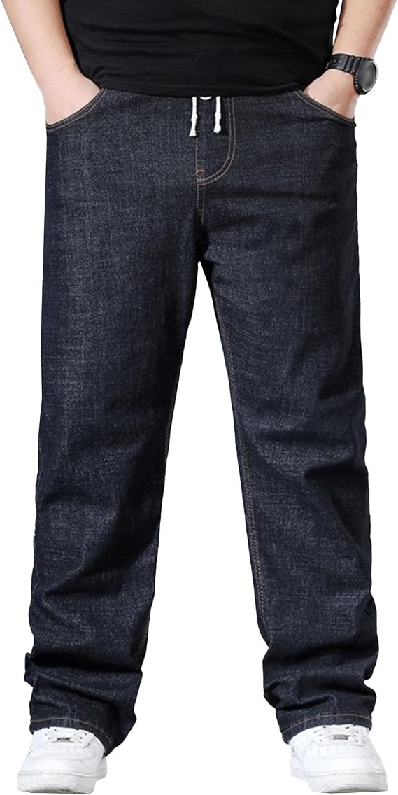 Mens Plus Size Relaxed Jeans Casual Elastic Waistband Baggy Denim Trousers Rugged Drawstring Loose Workwear Pants