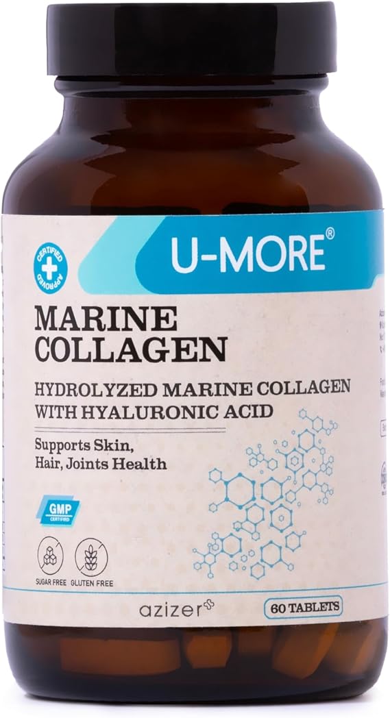 U-MORE - Biyotin, C Vitamini, Hyaluronik Asit, Glutatyon, Selenyum içeren Hidrolize Deniz Kolajeni (Peptid) Takviyesi – Sağlıklı Saç, Cilt, Tırnak ve Eklem Desteği – 60 Tablet