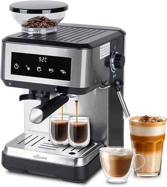 Machine with Grinder, 20 Bar Expresso Coffee Machines with Milk Frother Steam Wand, Professional Espresso Maker with Removable Water Tank, Cappuccino Latte Machine for Home