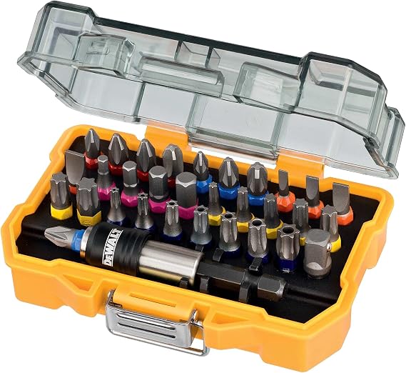 Dewalt DT7969 32-Piece Screwdriver Bit Set (for Screwdriving Work Phillips Pozi Slotted Hex Torx and Security Torx Compatible with TSTAK Incl. Quick-Release Bit Holders) yellow DT7969-QZ 32 pieces. 25 mm screwdriver bit set in extra small tough case with high-performance bits for reliable screwing. [Energy Class C]