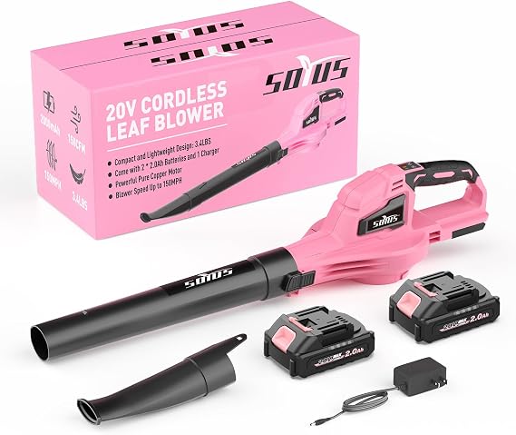 SOYUS Leaf Blower, 20V Leaf Blower Cordless with 2x2.0Ah Battery and Charger, 150 MPH Electric Leaf Blowers with Two-Speed Mode, Blowers for Lawn Care, Debris Dust Cleaning(Pink) | 150 MPH, Two-Speed Mode, for Lawn Care, Debris Dust Cleaning