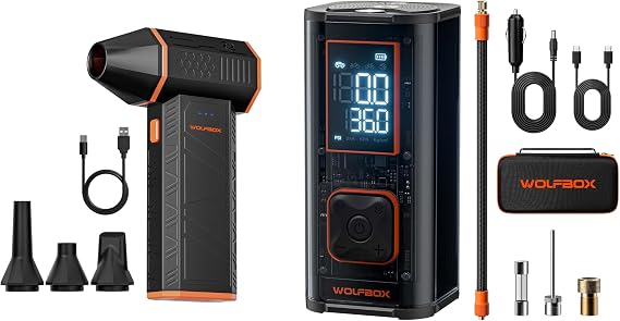 WOLFBOX MF50 Electric Air Duster and 12000mAh&150PSI Double- cylinder Tire Inflator Portable Air Compressor