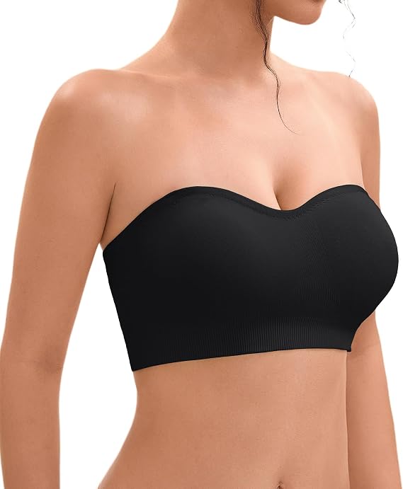 Strapless Bras for Women-Push-Up Non-Slip Bandeau Bra,Seamless Wirefree Padded Tube Top Convertible Straps Bralette B-Black