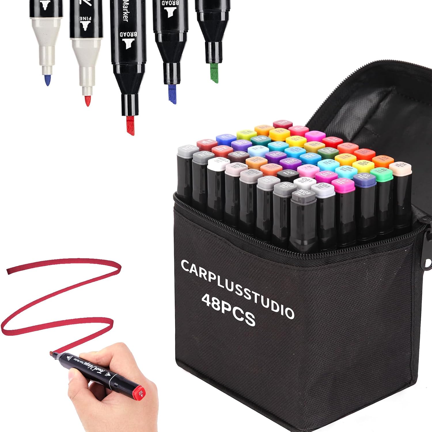 CarPlusStudio Felt Tip Pens - 48 Colors Art Markers Alcohol Marker Coloring Dual Tip Artist Pens Set for Students Manga Artists Drawing Sketching Underlining Illustration Painting