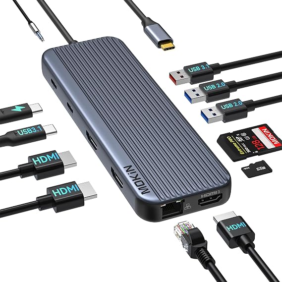 3 HDMI Laptop Docking Station, MOKiN USB C Dock 3 Monitors, 12 in 1 USB C to 3 HDMI Adapter with 10Gbps USB A&C 3.1, 2*USB A 2.0, 100W PD, Ethernet,SD/TF,Audio Port for HP/Dell/Lenovo