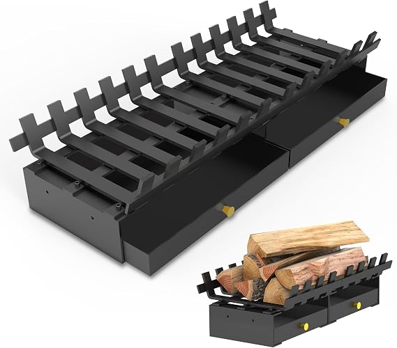 Fireplace Grate with Ash Tray Kit,28 Inch Wide Heavy Duty Solid Steel Bar Fire Grates and Fireplace Ash Pan,Wrought Iron Fireplace Log Grate Fireplace Ash Tray Kit for Indoor Outdoor Firewood