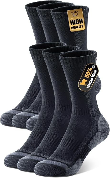 PULIOU Merino Wool Hiking Socks for Men Women, 3 Pairs Lightweight Breathable Hiking Socks with Seamless Toe and Arch Support