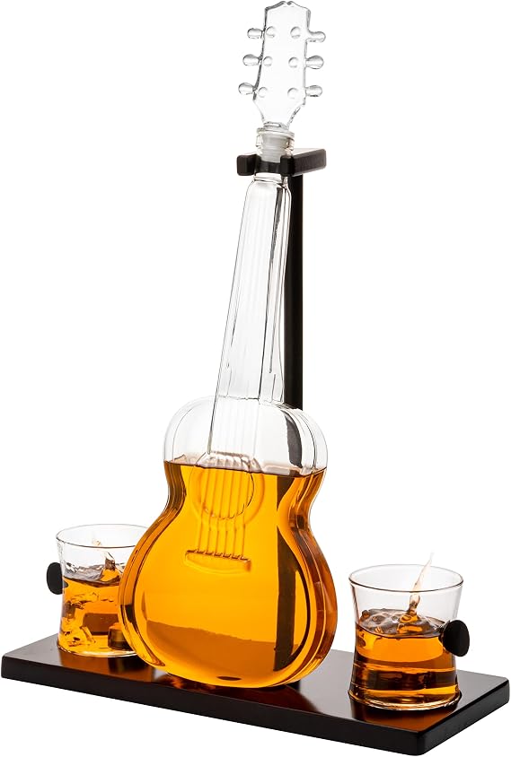 Guitar Whiskey & Wine Decanter & Mahogany Base - The Wine Savant 1000 ML Glass Decanter with 2 10oz Glasses 14" For Whiskey Music Lover & Guitar Player Gifts Musician Music Lovers