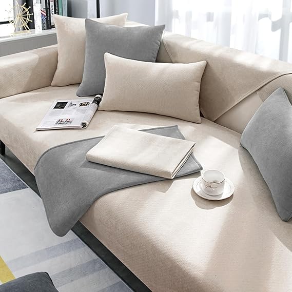 Chenille Sofa Cover, Universal Non-Slip Chenille Sectional Sofa Couch Covers Solid Color Sectional Sofa Slipcover Thick Washable Furniture Prot(Size:1pc/43x43in,Color:Beige)