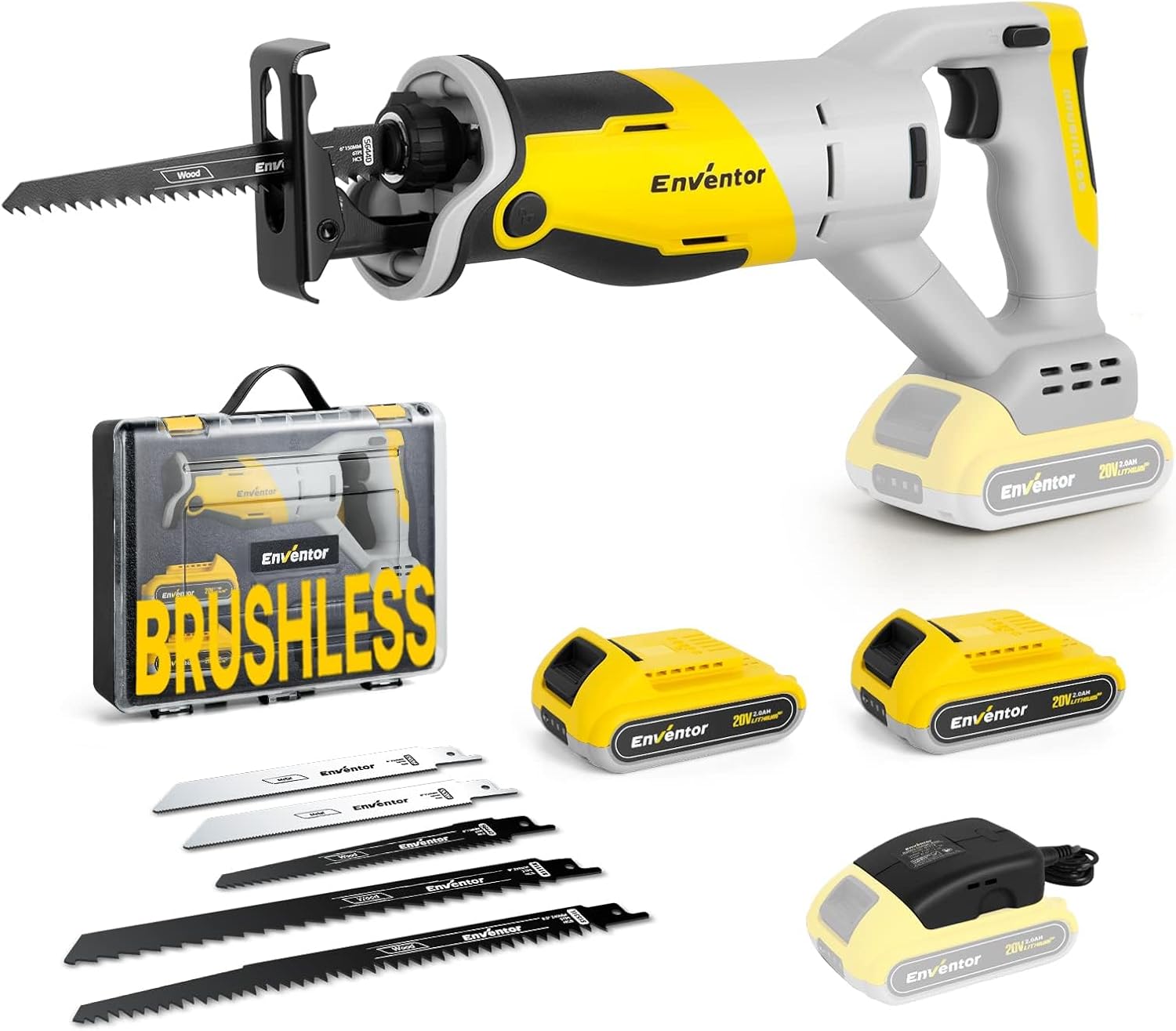 Enventor Brushless Reciprocating Saw, 20V Cordless Reciprocating Saw with 2x2.0Ah Battery, 0-3000RPM Variable Speed Electric Saw, 5 Blades, 22mm Stroke Length, Ideal for Wood and Metal Cutting