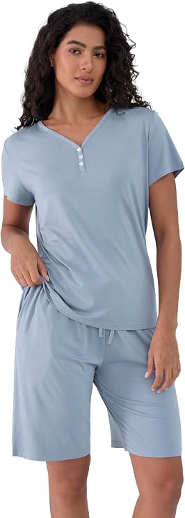 Joyaria Cooling Bamboo Viscose Pajamas Bermuda Shorts Set for Women S-XXL | Henley Neck, Knee-Length, Side Pockets, Lightweight, Summer Moisture Wicking Sleepwear