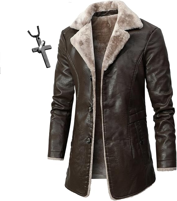 Mens Genuine Leather Biker Jacket 3/4 Length Coat Warm Winter Long Leather Jacket Lined Duster Trench Coat