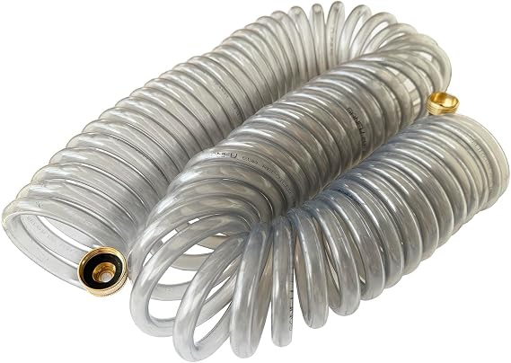 SANFU EVA Recoil Garden Water Hose 3/8"ID x 50ft Premium With 3/4"Inch Brass Fittings Retractable, Swivel Female, Outdoor Patio Hose Marine&Boat, Transparent Gray(50')