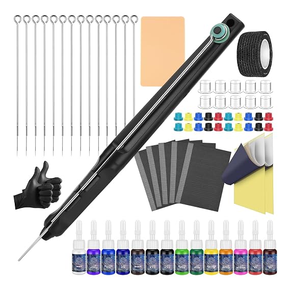 ATOMUS Tattoo Stick Manual Pen Kit Home Tool Kit with 14 Colors Inks Needles Practice Skin Table Mats Ink Cups Transfer Papers