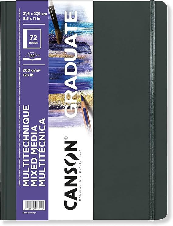 Canson Graduate Mixed Media Paper, Hard Cover Art Journal, 8.5x11 inches, 36 Sheets Artist Paper for Collage, Watercolor, Ink, Pencil, Marker