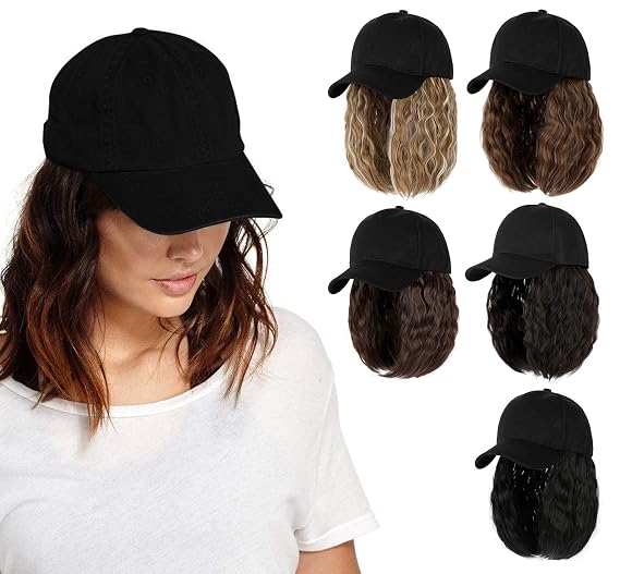 AynnQueen Baseball Cap with Hair Extensions for Women Adjustable Hat with Synthetic Wig Attached 24inch Long Wavy Hair Black Baseball Cap (Bleach Blonde-S)