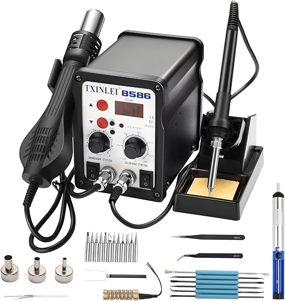 8586 110V Solder Station, 2 in 1 Digital Display SMD Hot Air Rework Station and Soldering Iron, 12pcs Different Soldering Tips, Tweezers,Desoldering Pump,700W 480C