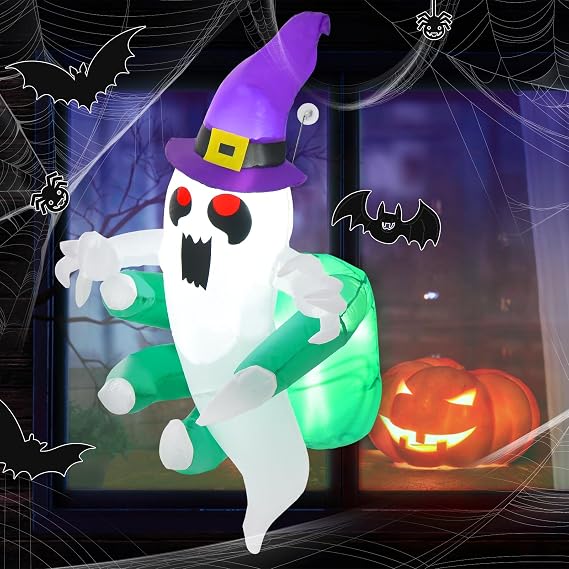 Tangkula 3.6 FT Halloween Inflatable Ghost Broke Out from Window, Spooky Hanging Window Ghost with LED Lights, Indoor Outdoor Blow Up Flying Halloween Decor for Party, Yard, Haunted House