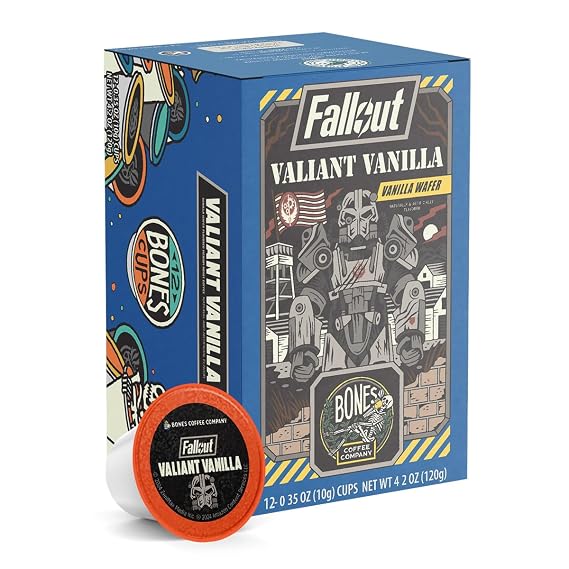Bones Coffee Company Fallout Valiant Vanilla, Vanilla Wafer Flavored Coffee Pods, Low Acid Medium Roast Single-Serve Bones Cups, Compatible with 1.0 & 2.0 Capsule Brewers Coffee Maker, 12 Count