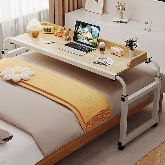 Overbed Table Overbed Table with 4 Wheels, Over Bed Desk Height Adjustable 65-95cm Rolling Table Overbed Table Computer Workstation Overbed Table for Twin/Full/Queen/King Size Bed Frame(Color:White) (