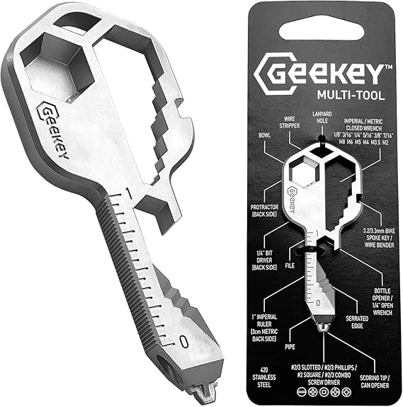 Geekey Keychain Multitool Key Tool with 16+ Functions | Bottle Opener Keychain, EDC Multitool, Screwdriver, Wrench, Box Cutter | Good for Travel, Outdoor, Hiking | TSA Safe