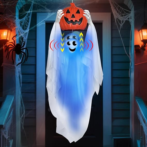 Sound Activated 43" Halloween Animatronics Hanging Ghost Holding Pumpkin
