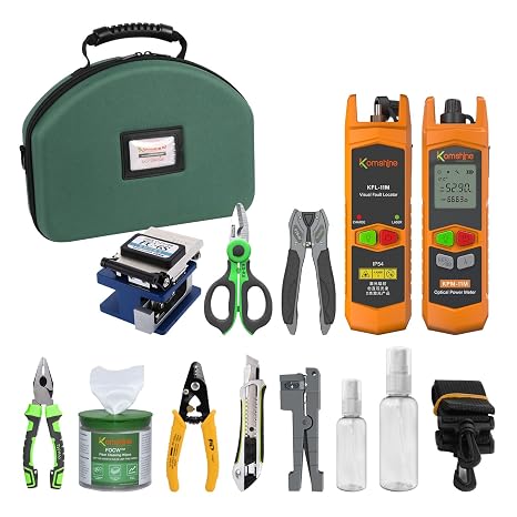 FTTH Optical Fiber Loss Tester Kit KFH-12E with Cleaver FC-6S, OPM-70~+10d Power Meter, Visua Fault Locator VFL, Multi Fiber Strippers 45-162, Cleaner FOCW, Cutter Kevlar Scissors
