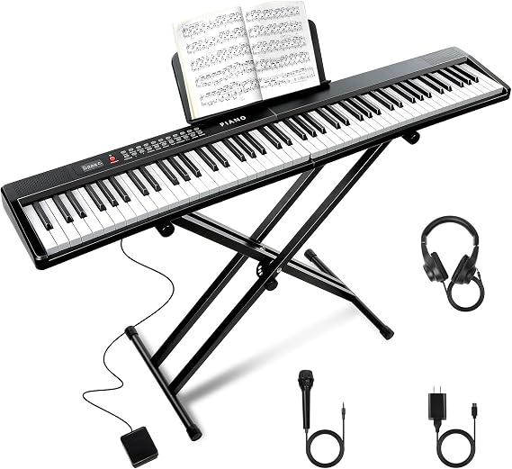 SEMI 88 Keys Weighted Keyboard Piano for Beginners with Stand Bench, MIDI, Bluetooth, 1000 Tones/Rhythms, 150 Demons, Sustain Pedal, Metronome, Sync,
