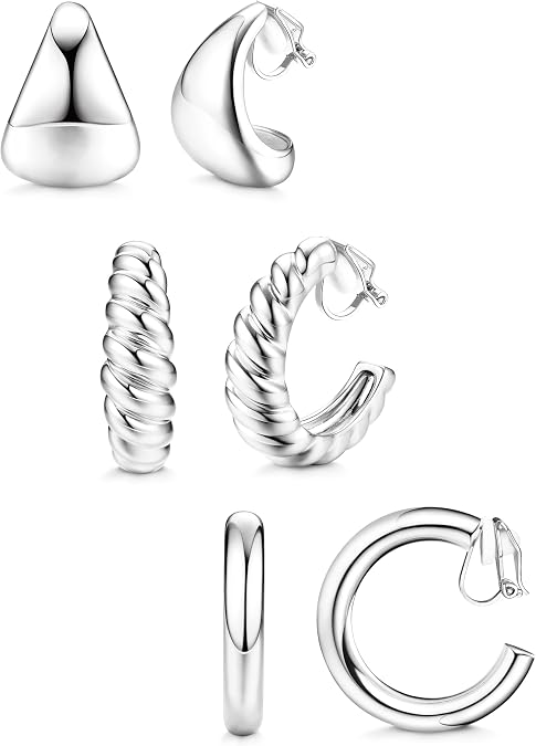 BESTEEL 3Pairs Clip on Earrings for Women Trendy Chunky Hoops Fake Earrings