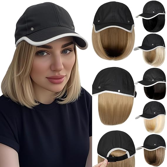 Qlenkay Waterproof Baseball Hat Wig Straight Bob Dark Black 14in